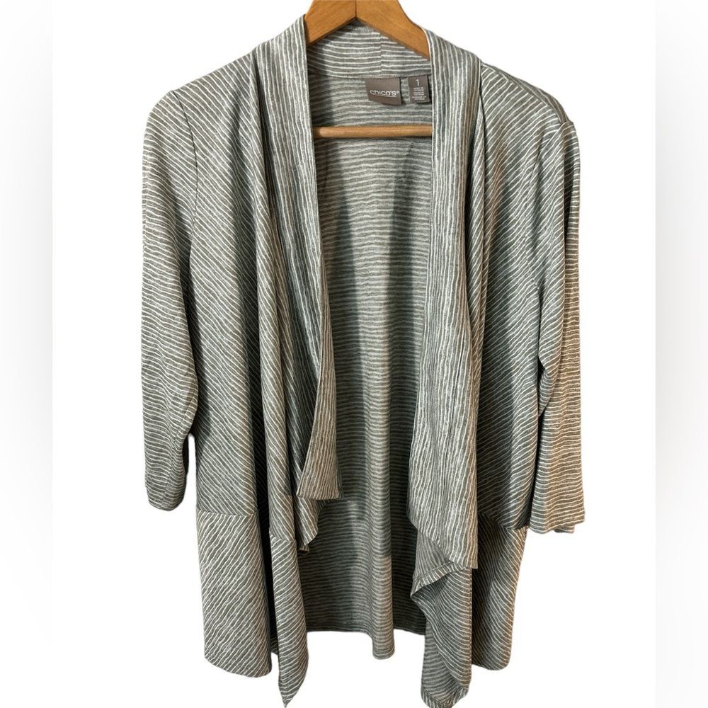 Chico’s Open draped Cardigan 3/4 sleeve grey white pinstripe size 1 Medium